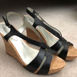 Guess black cork wedges